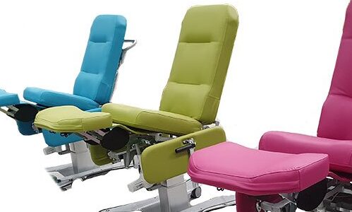 New high-tech infusion chairs in blue, green and pink purchased through a grant