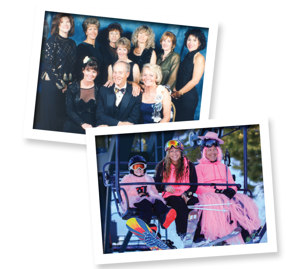 Two photographs with white frames stacked on top of each other. First photo is a group photograph in front of a blue background. Second photo shows a child, mom, and dad sitting on a ski lift while wearing bright pink outfits and a cowboy hat.
